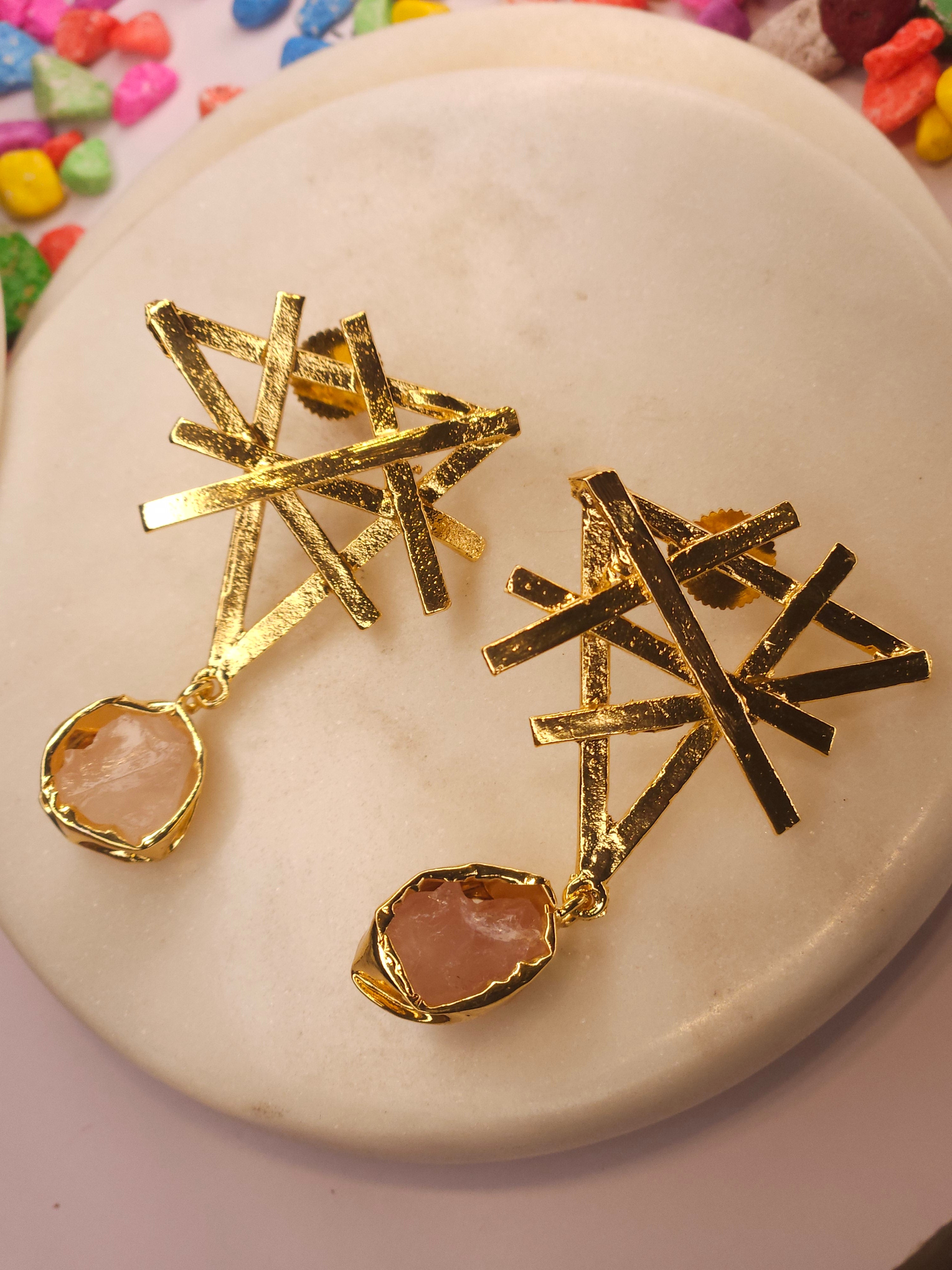 Brass Earrings-Star uncut stone